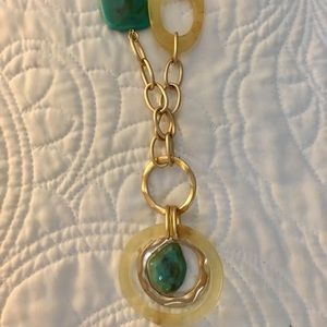Beautiful Long Teal and Gold Statement Necklace